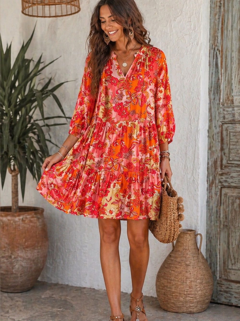 GREYLIN Floral Mini Dress Medium Orange Pink Yellow